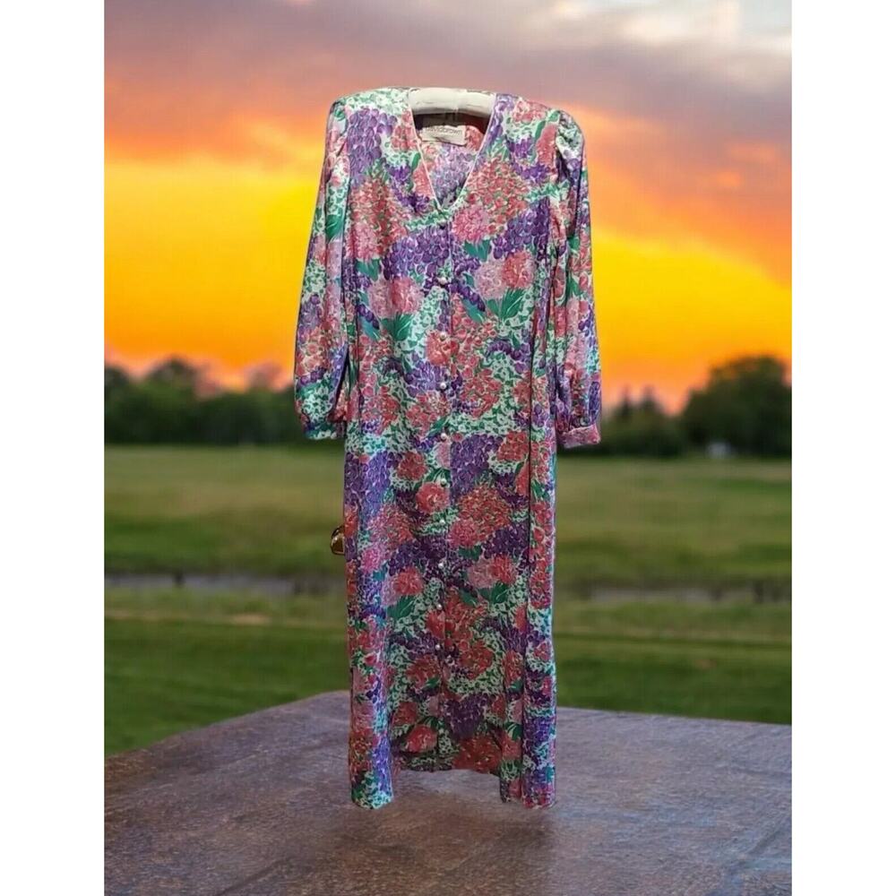 Vintage David Brown Floral Maxi Robe Lounge Size XS Faux Pearl‎ Buttons Pockets